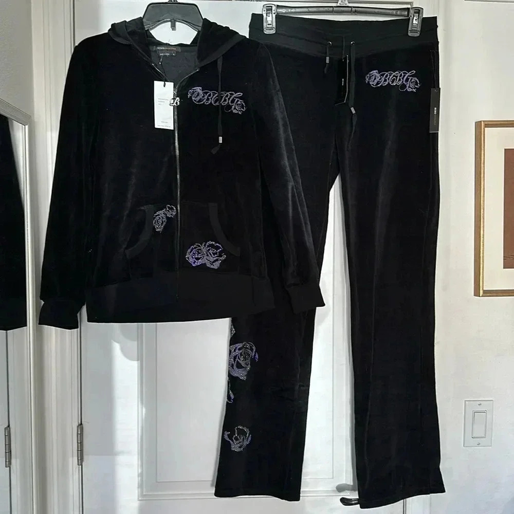 NWT BCBGMaxAzria Velvet Rhinestones Iridescent Roses Hoodie Track Suit 2-Piece